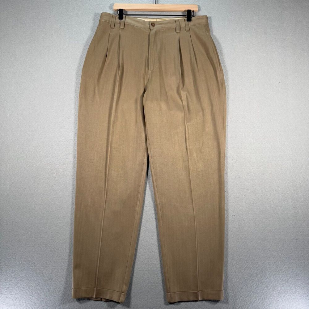 Tommy Bahama Relax Silk Pants Mens 36 Brown Pleated Lightweight Formal Cuffed - Picture 1 of 13
